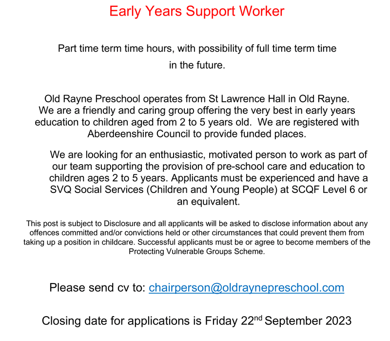 We are hiring!  Early Years Support Worker